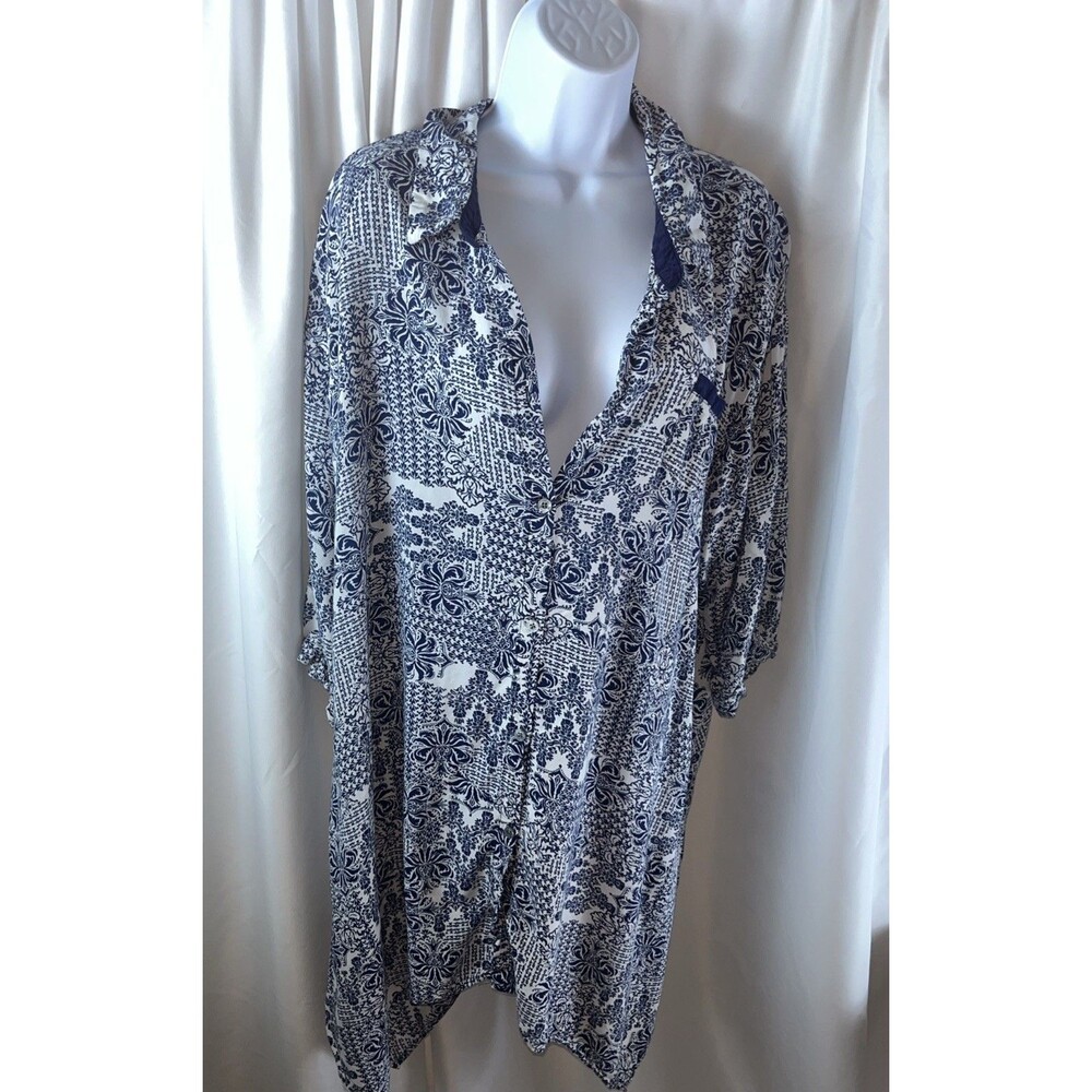 Anne Klein Women’s Plus Blue White Patterned Blouse Size 2X Casual Semi Formal
